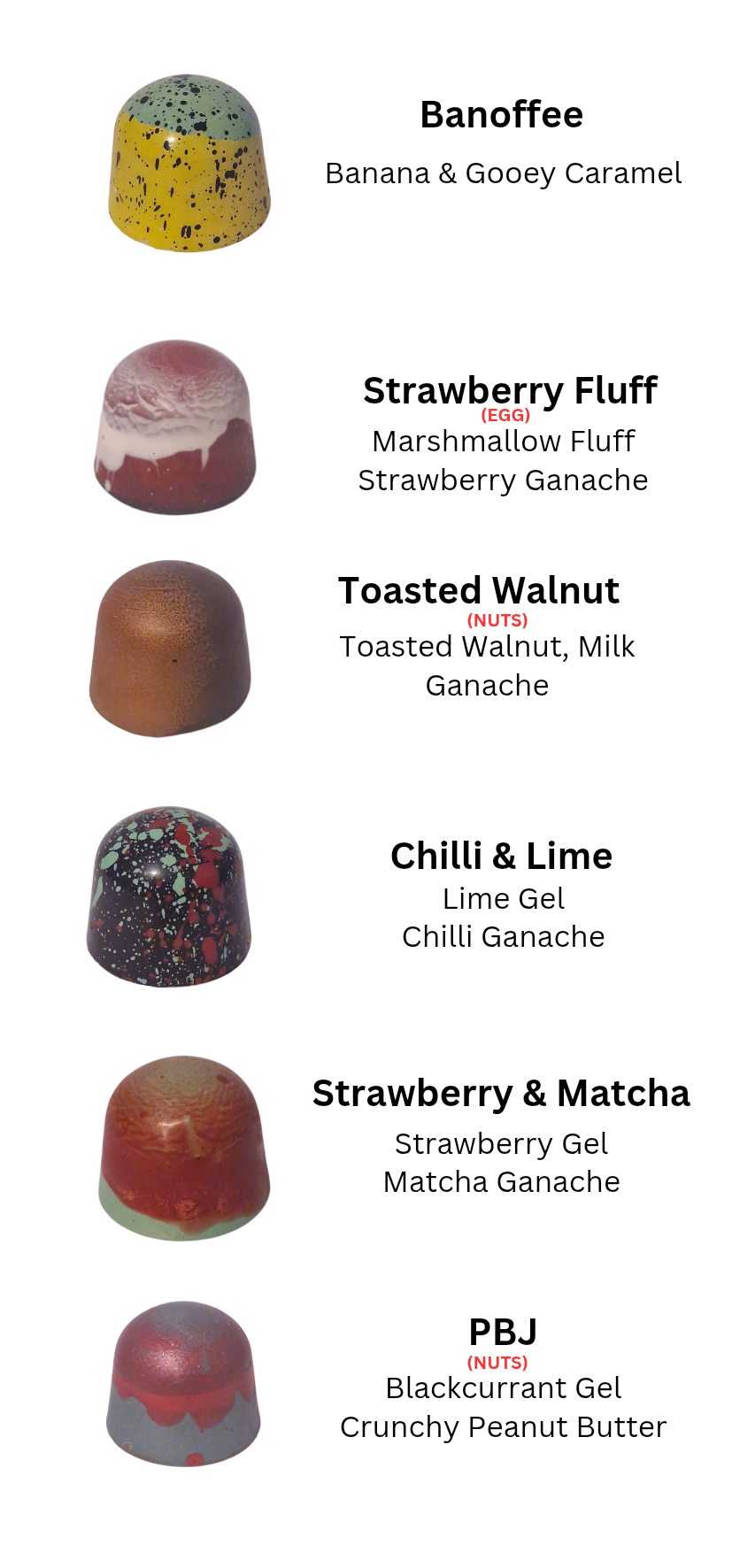 Chocolate truffles with flavors listed on a white background