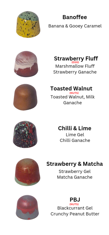 Chocolate truffles with flavors listed on a white background