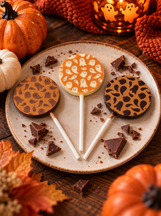 Three handmade Halloween chocolate lollies with ghost, bat and pumpkin designs on a ceramic plate, surrounded by autumn decorations.