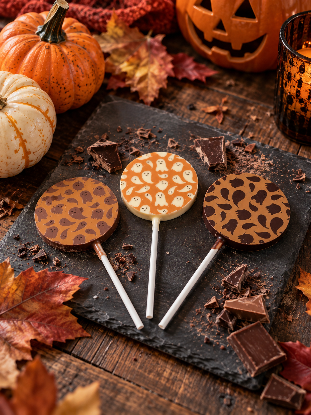 Three handmade Halloween chocolate lollies with ghost, bat and pumpkin designs on a slate platter, surrounded by pumpkins, chocolate and autumn leaves.