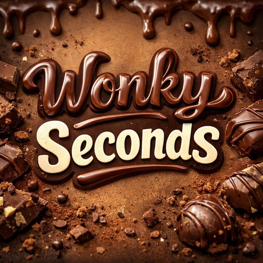 Wonky Seconds chocolate text surrounded by chocolate pieces on a brown background
